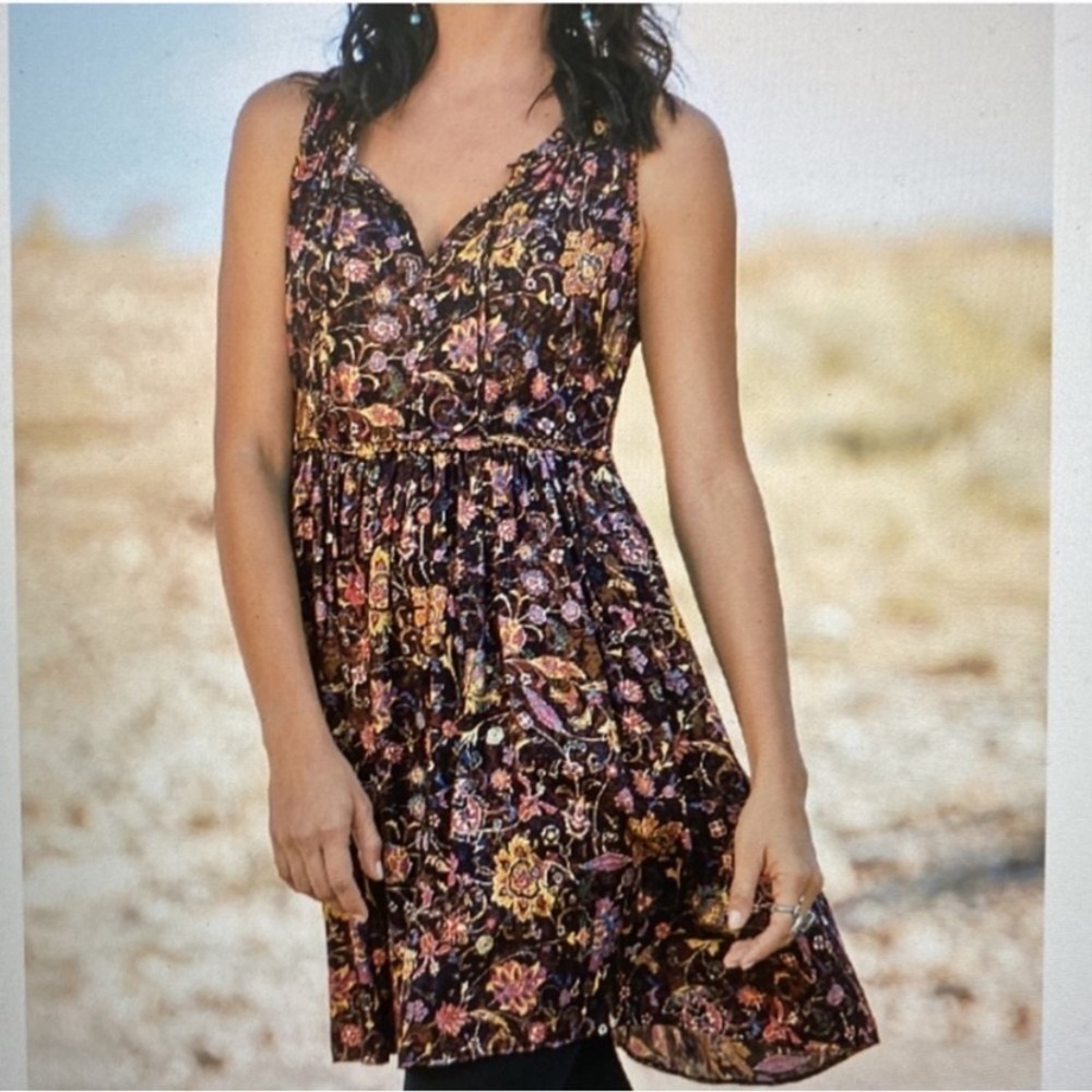 Peruvian Connection Jamilla Tank Dress Floral Ruffles Floaty Hem Mini Dress
